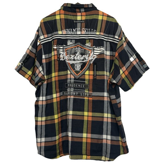 Raw Blue Mens Plaid Embroidered Button Shirt Size 4XL Grunge Skater Biker Y2K - Picture 1 of 16